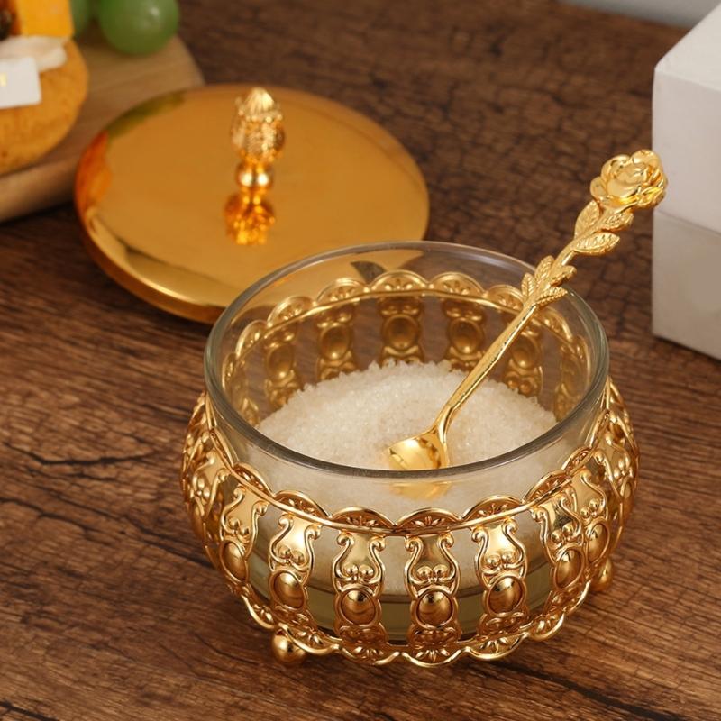 European Luxurious Spices Jar Set With Iron Lid And Clear Glass Body Includes Spoon Sugar Bowl for Home Kitchens Cooking