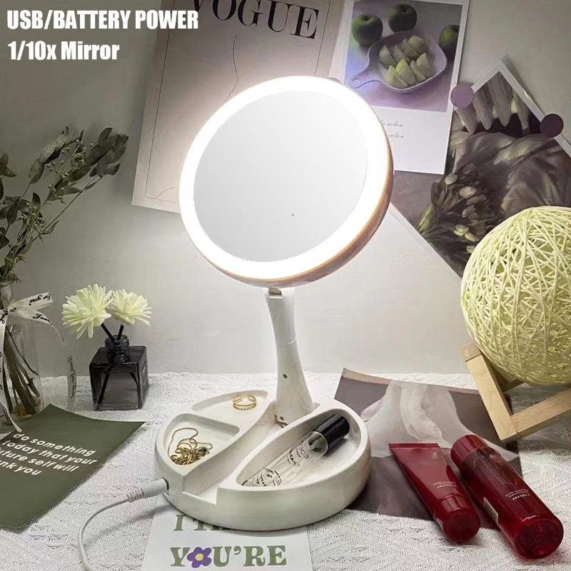 LED Makeup Mirror With 1/10X Magnification - Double Sided, Adjustable, Foldable Vanity Mirror for Travel