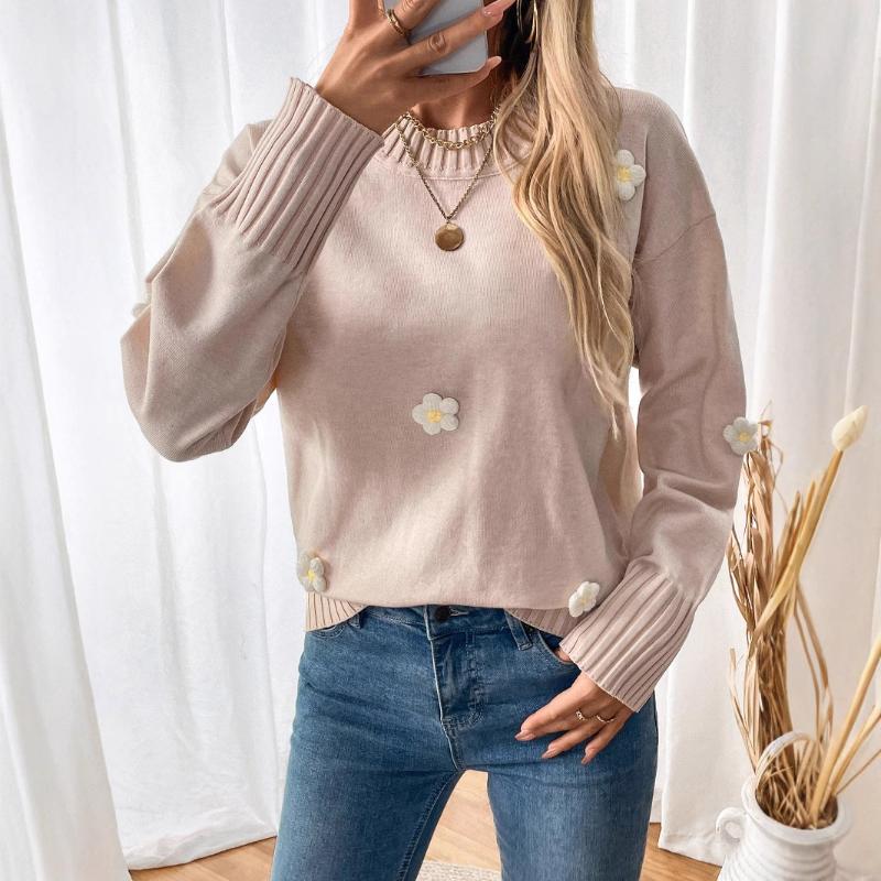 Autumn Valentine's Day Flower Decoration Knitted Pullover Round Neck Sweater
