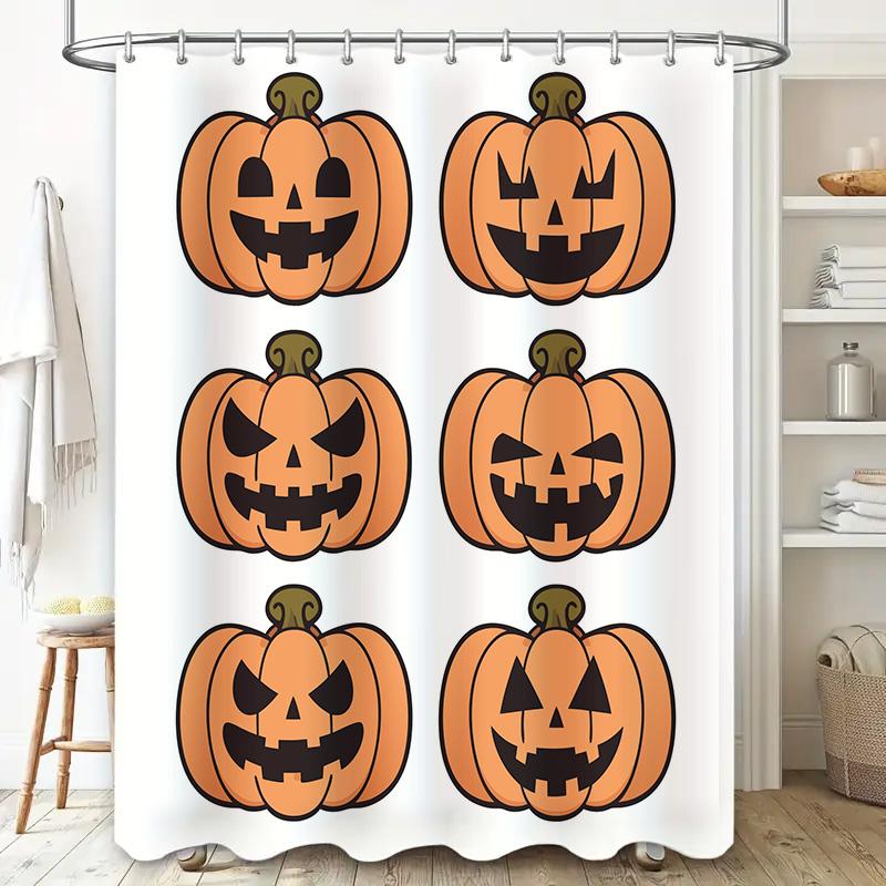 Pumpkin Shower Curtain Halloween Decor Set Of 2 White Bath Curtains With Orange Jack-O-Lanterns For Bathroom Fall Festive Decora