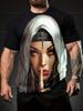 Men's  with Smoking Nun 3D Graphic T-Shirt Black Casual Summer Tee Short Sleeves Polyester  Streetwear T-Shirts Vintage Clothing