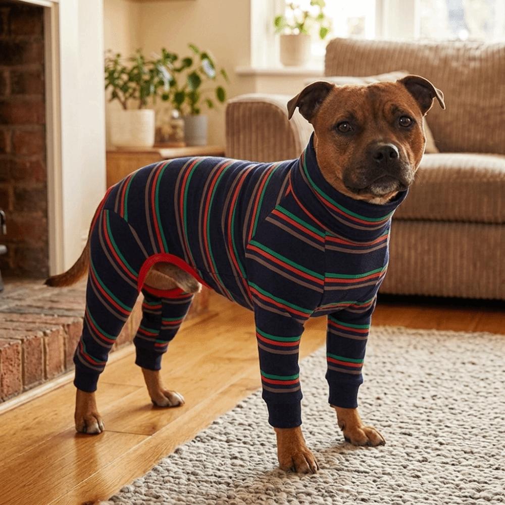 Breathable Dog Recovery Suit Dark Blue Striped Large Dog Bodysuit Dog Pajamas Heat Cycle Care