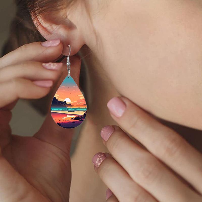 Colorful Aurora & Ocean Sunrise Pattern PU Faux Leather Earrings Women's Fashion Water Drop Dangle Earrings
