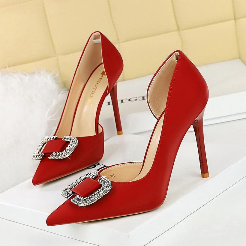 Side Empty Pointed Toe Shallow Mouth Women's Shoes Rhinestone Buckle Slim Heels High Heels Super High Heels Satin Single Shoes