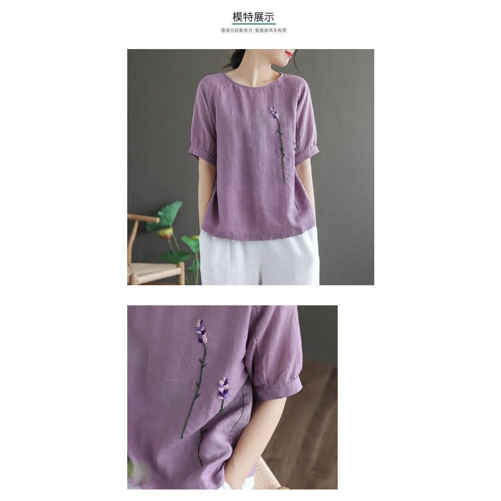 Artistic Retro Flower Embroidery Cotton Linen Round Neck Short Sleeved T-shirt for Women Summer New Loose and Versatile Top for Women