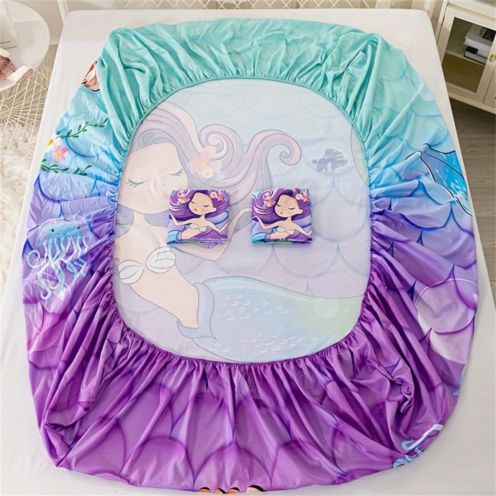 3pcs Cute Mermaid Ocean Printed Fitted Sheet, Soft Comfortable Bedding Set, For Bedroom, Guest Room 1*Fitted Sheet+2*Pillowcase