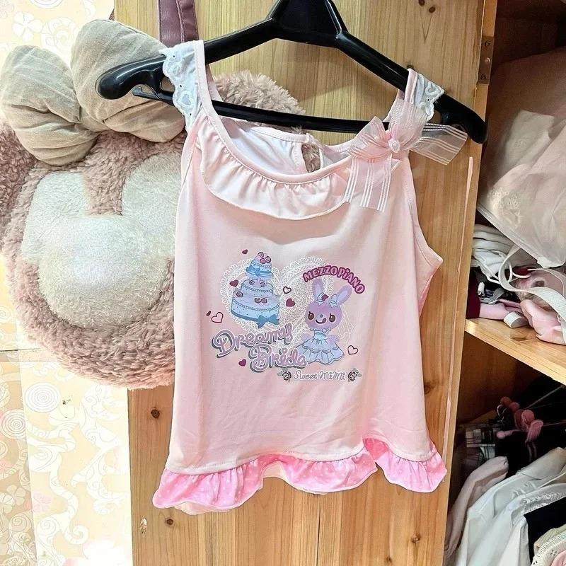 Pink Sweet Lolita Style Crop Tops Women Y2k Aesthetic Ruffles Cartoon Print Vest Harajuku Girls Cute Tank Japanese Camisoles