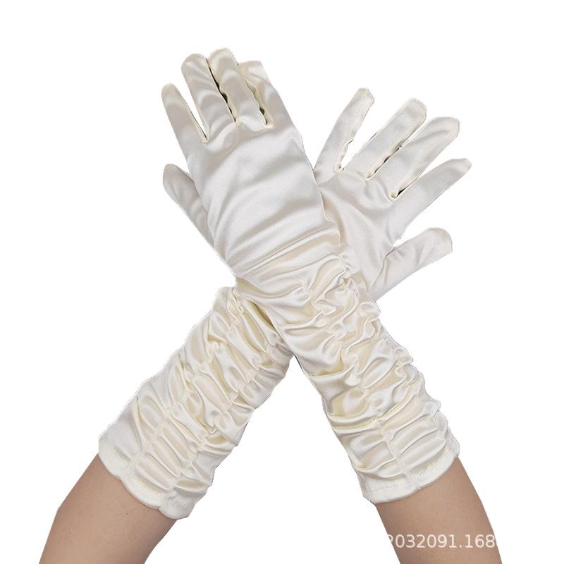 Luvas de Noiva para Casamento Senhoras Enrugadas Vestido para Apresentação de Palco Luvas de Casamento Luvas de Cetim