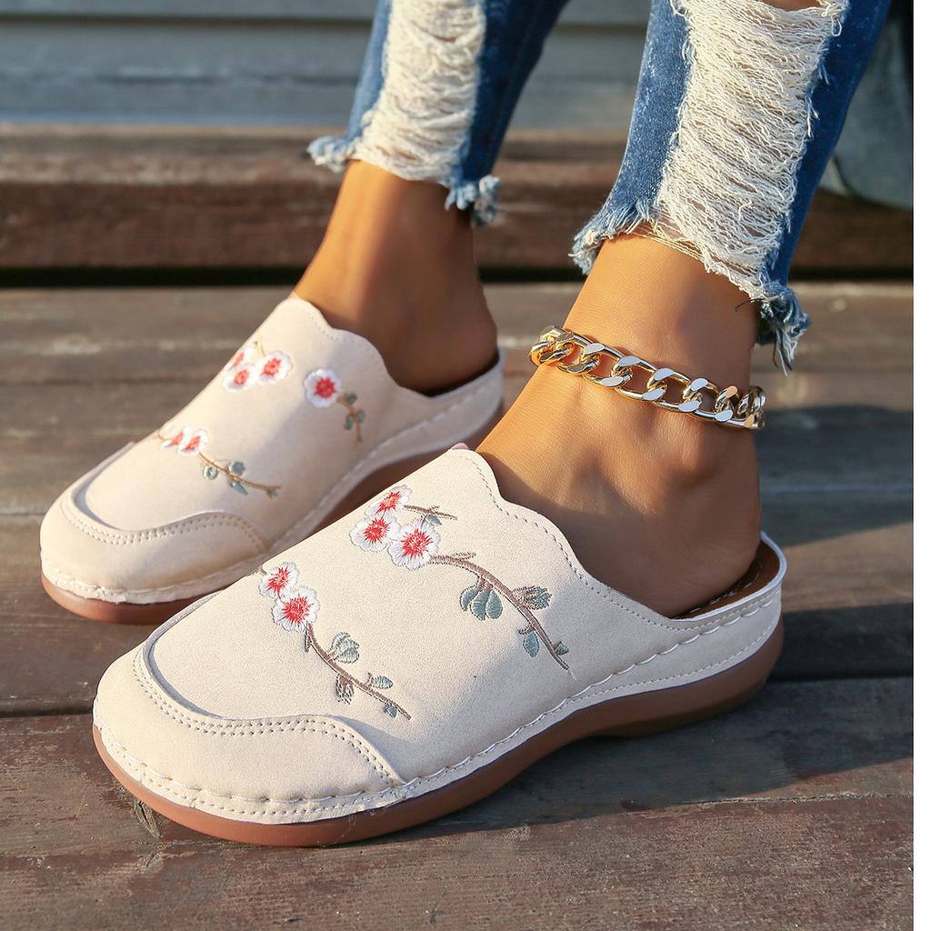 Ethnic style flower bag head slippers women's shoes European and American large size round head bag head wedge heel fashion outer wear embroidered h