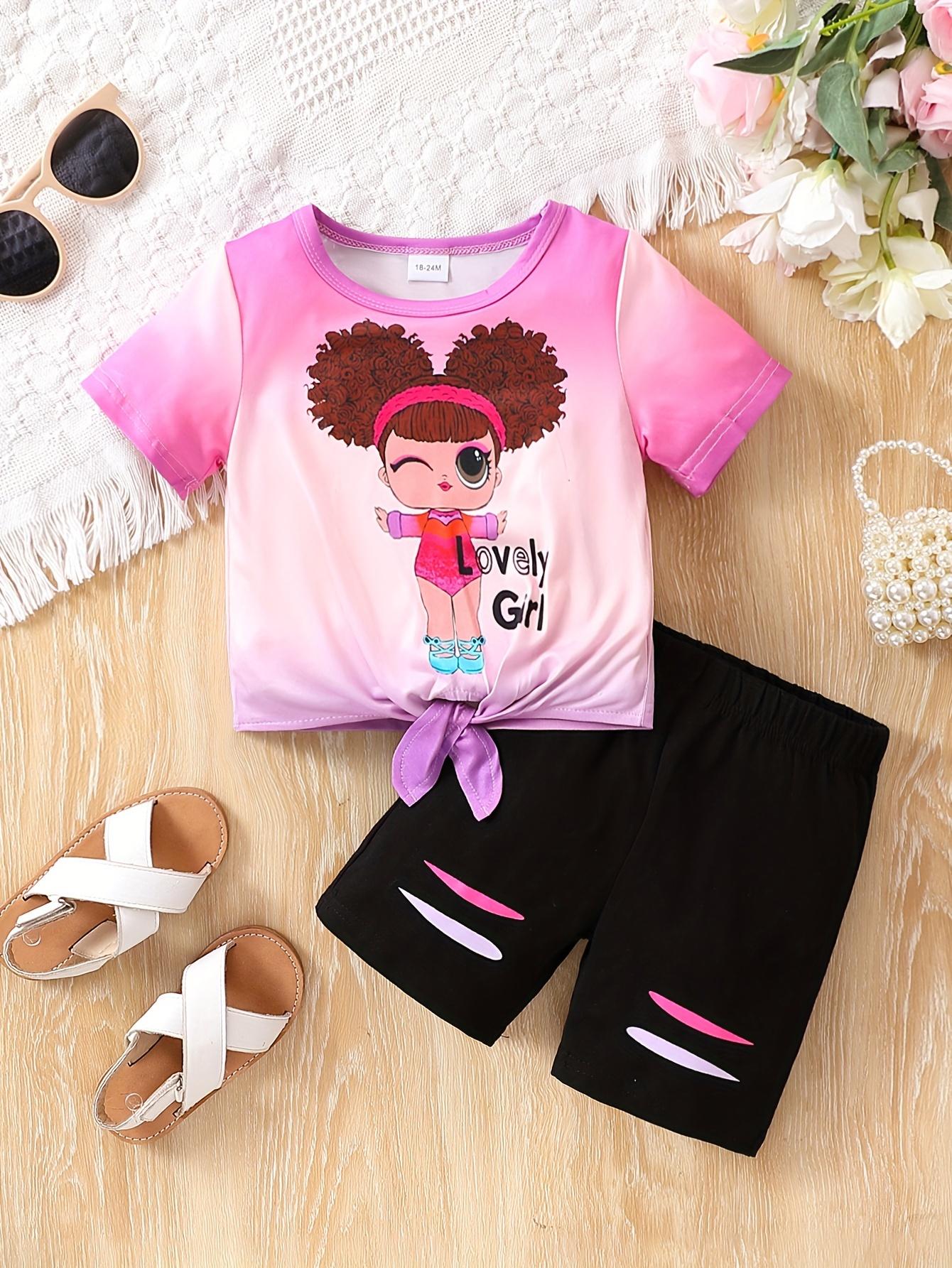 

Two-piece summer 3-7-year-old girls gradient-colored tie-dye cross-knit top and cartoonish animated shorts set for girls 2-3Y розовый