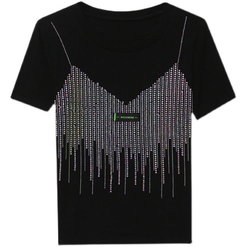 Women Casual Solid Color O-Neck Letter Labels T-shirt Summer Diamond Short Sleeve Shirts Fashion Streetwear Tees Top