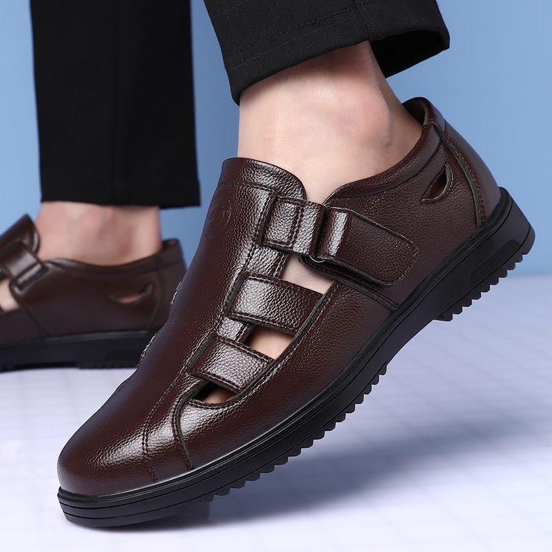 Leather shoes men's summer new men's hollowed-out casual breathable leather middle-aged dad hole shoes