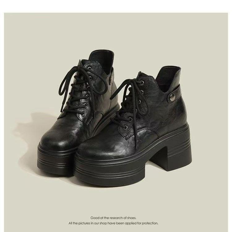 

Стильные увеличивающие рост кожаные короткие ботинки для миниатюрных женщин, весна/осень 2025, мартинсы на толстой подошве в британском стиле Size 34