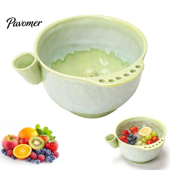 Fruit Washing Bowl Ceramic Berry Bowl, Swirl Design Rinse Colander with Handle Food Safe Washer And Drain Holes, Cleaning for Tomatoes Grapes