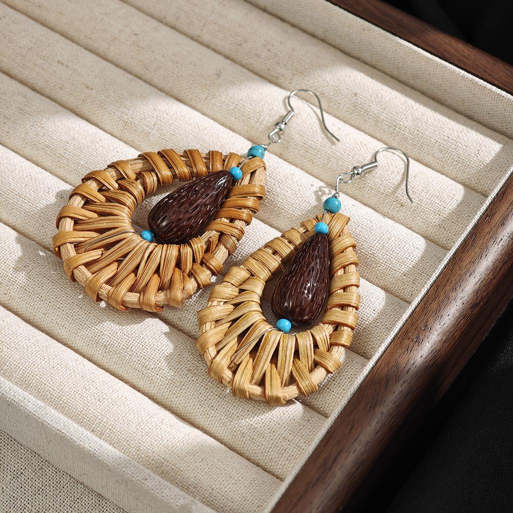 Retro Ethnic Style Rattan Water Drop Ear Hook Female Bohemian Personality Exaggerated Seaside Vacation Style Earrings Jewelry