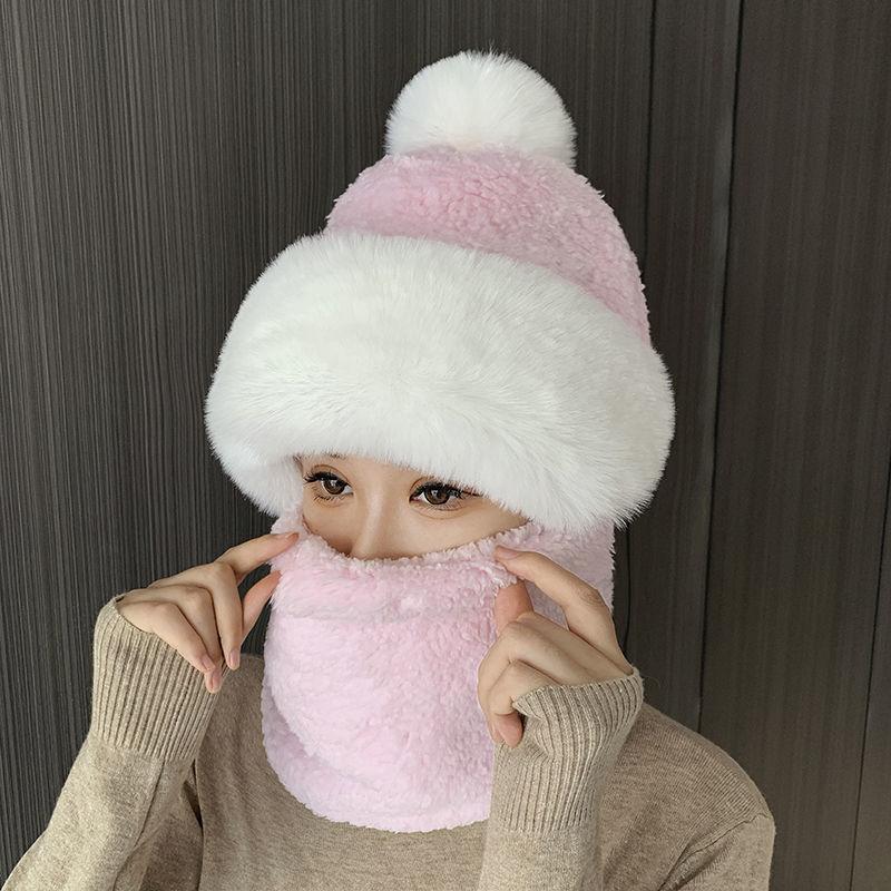 Winter one-piece hat women's fashion commuting versatile pullover hat double-layer thickened ear protectors to keep warm cycling cold scarf hat