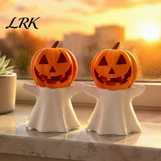 PLA Plastic Candlestick Halloween Pumpkin Ghost Candle Holder, Decorative LED Electronic Fall Holiday Decoration Stand, 3D Printed Ornament for Party