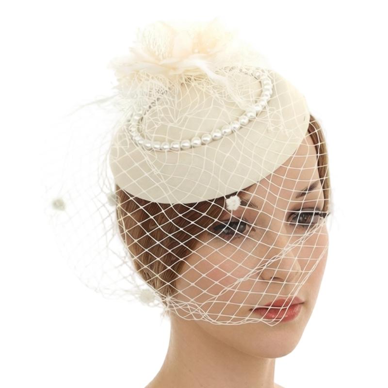 Bridal Fascinator Hat for Brides with Mesh Net Feather Accent Mini Headpiece for Wedding Tea Party Formal Wear