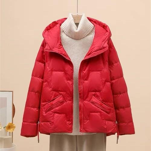 Light down jacket women's new short hooded mother's loose warm white duck down winter coat top