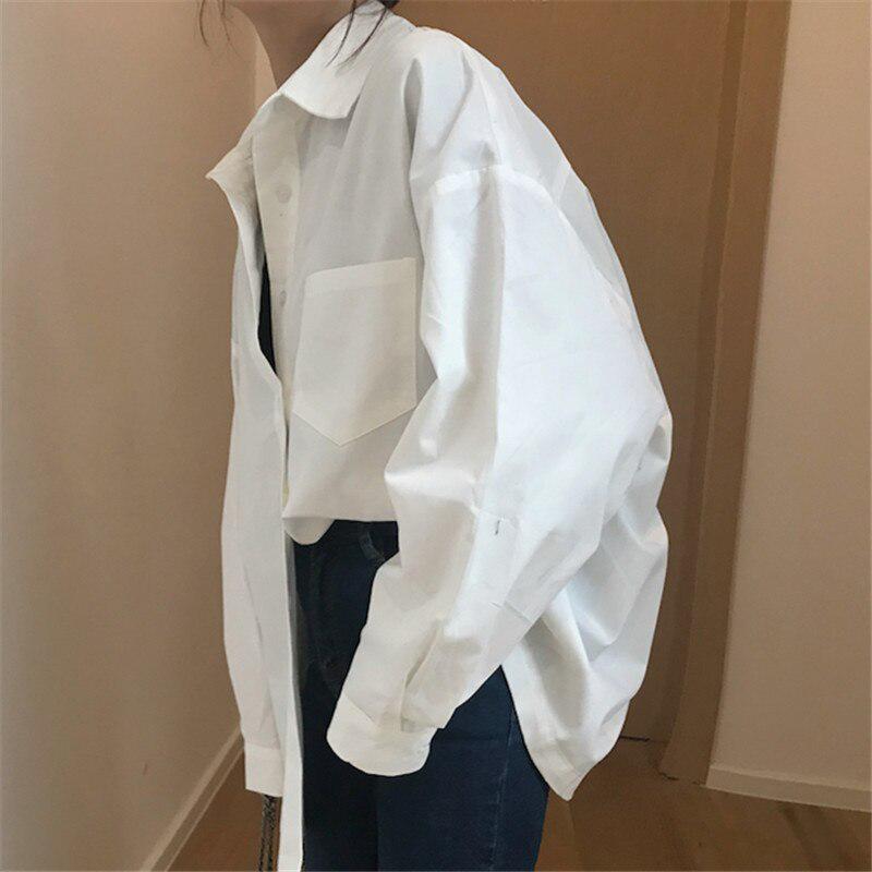 Primavera manga longa blusa solta camisas femininas blusa sólida casual rua senhora bolsos camisas topos