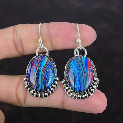 Rainbow Calsilica Gemstone Earring 925 Sterling Silver Earring Handmade Earrings Birthstone Jewelry Engagement Gifts Designer Silver Jewelry