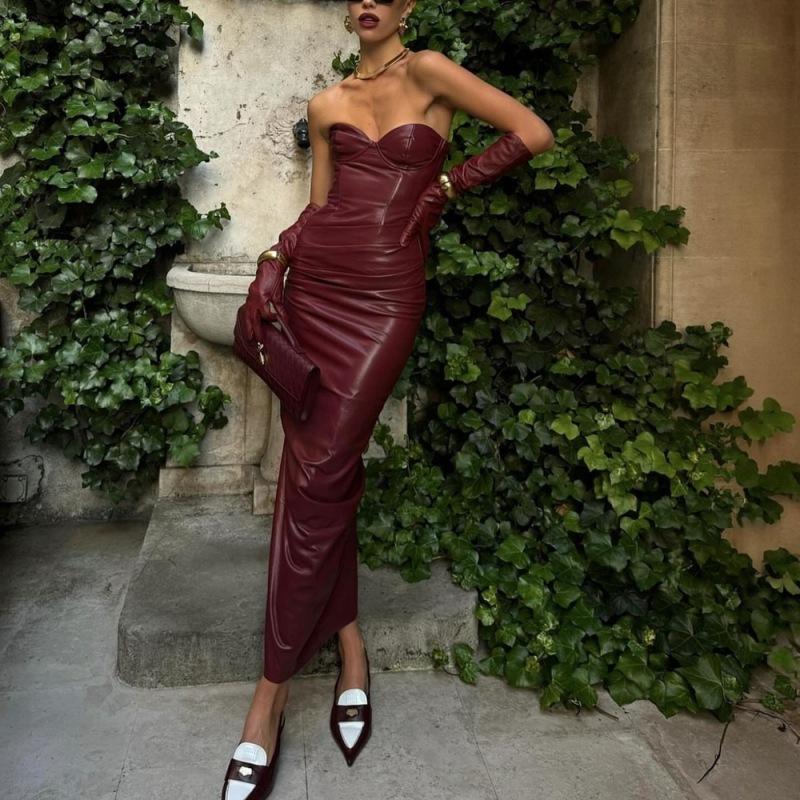 Sexy PU Leder Trägerkleid Damen Einfarbig Ärmellos Hüftbetont Hohe Taille Lange Kleider 2024 Herbst Neu Damenmode Vestidos