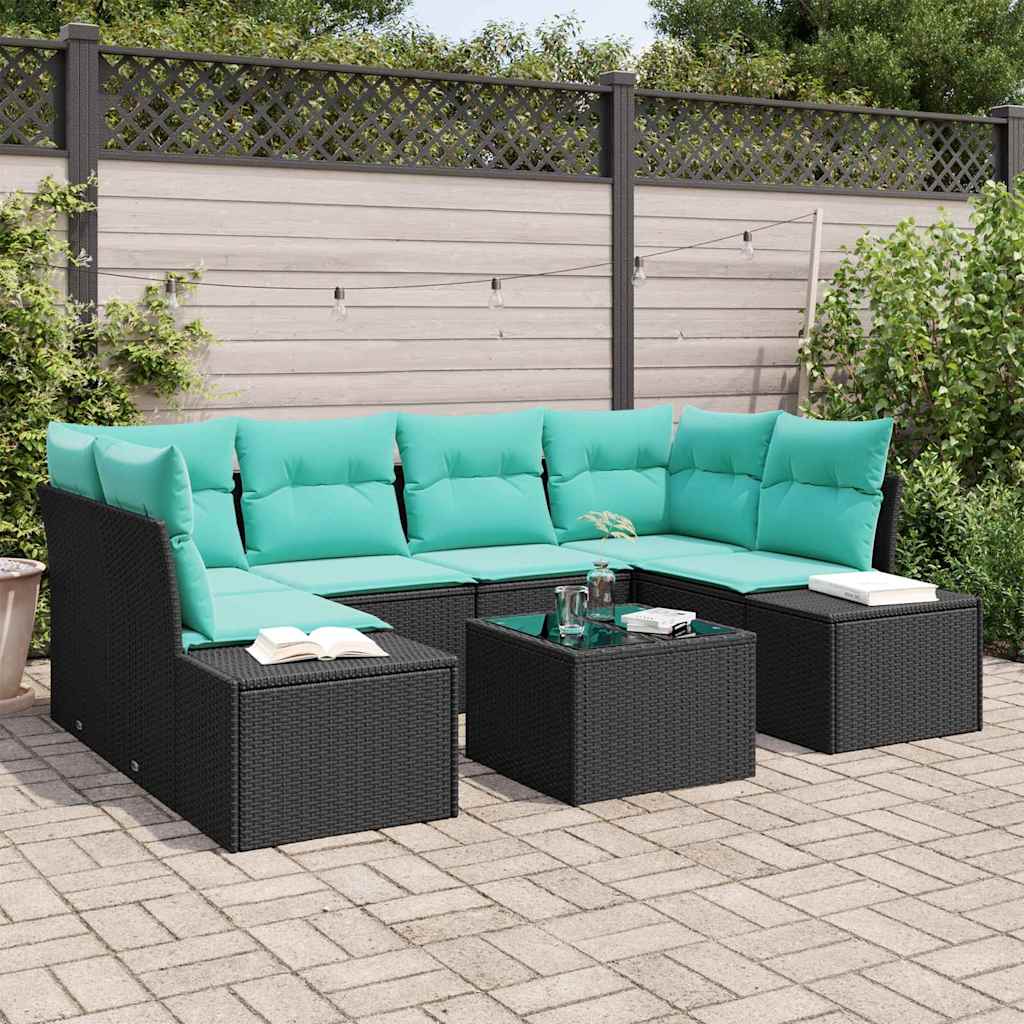 Sofa Set with Cushions 7 pcs Black Poly Rattan