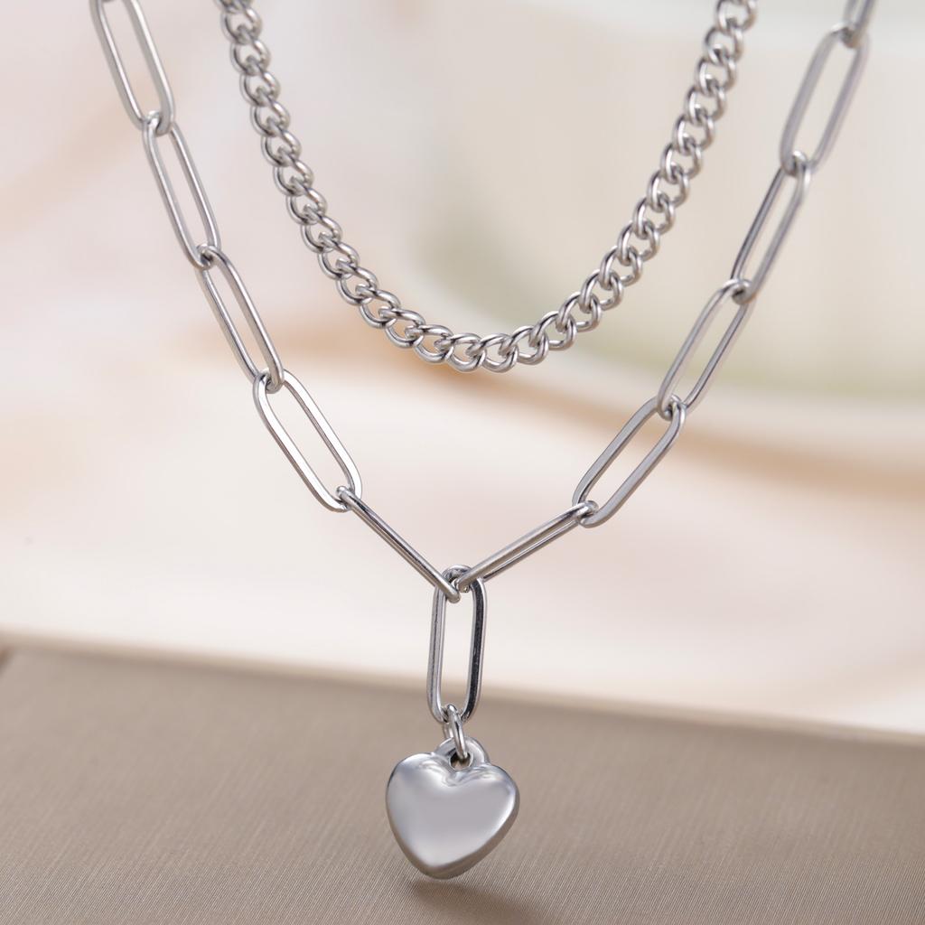 Teamer Classic Sweet Heart Pendant Necklace for Women Stainless Steel Double-layer Chain Choker Jewelry Valentine's Day Gift