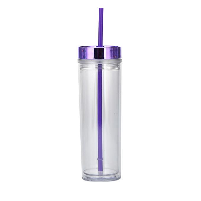 16Oz Double-Layer Plastic Straw Cup, Simple Skinny Straight Cup, Fixed Rose Gold Electroplated Lid Water Cup
