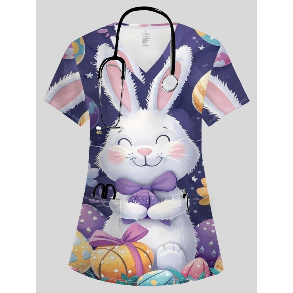 Clinical Uniform Woman Vet Easter Themed Print Top Summer Elegant V-Neck Short Sleeve with Pockets Dentist Scrubs Uniform Woman