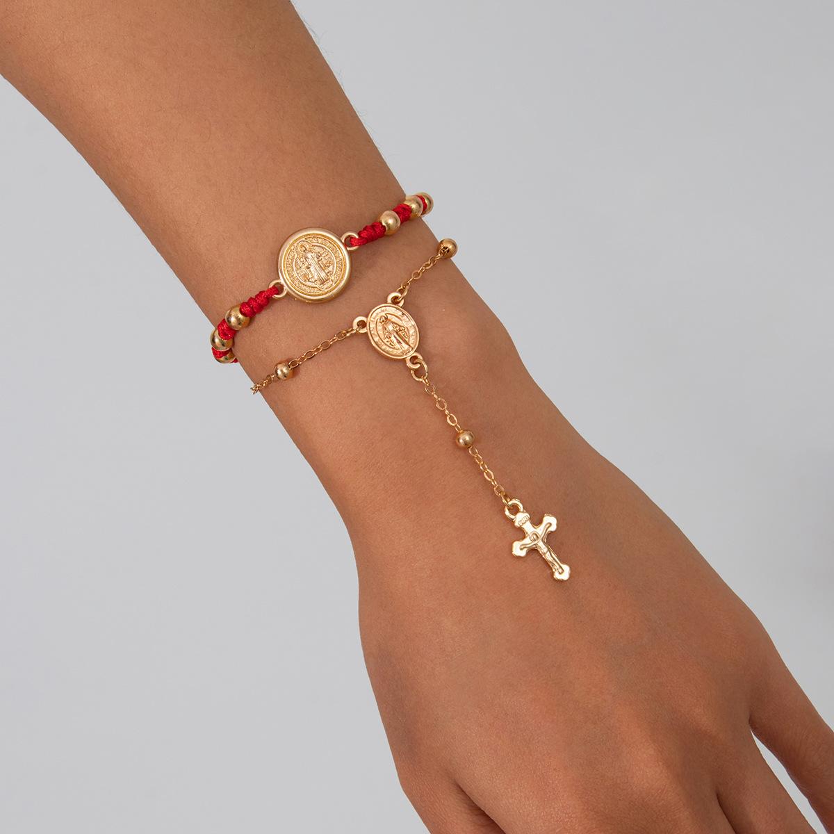 Hip Hop Vintage Metal Cross Tassel Bracelet And Portrait Coin Chain Jewelry Set