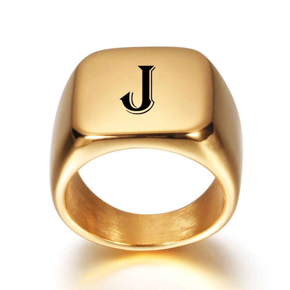 Personalised Initial Engrave A To Z Alphabet Stainless Steel Signet Blank Plain Ring Band High Polished Gold Color Tone U.S.Size