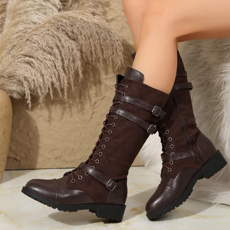 Fashion Winter New Chunky Single Boots Women's Round Head Splicing Suede Front Lacing Side Zipper Non-slip High Boots