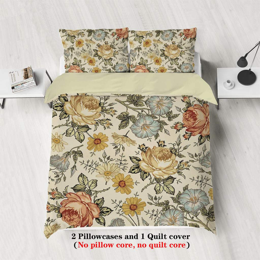 3pcs Retro Floral Pattern Printed Bedding Set, Suitable for Women Bedroom, Queen, King, Twin Bed, 1*duvet Cover+2*pillowcase