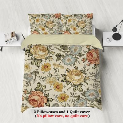 Juego de cama de 3 piezas con estampado floral retro, adecuado para dormitorio de mujer, cama queen, king, individual, 1*funda nórdica+2*funda de almohada