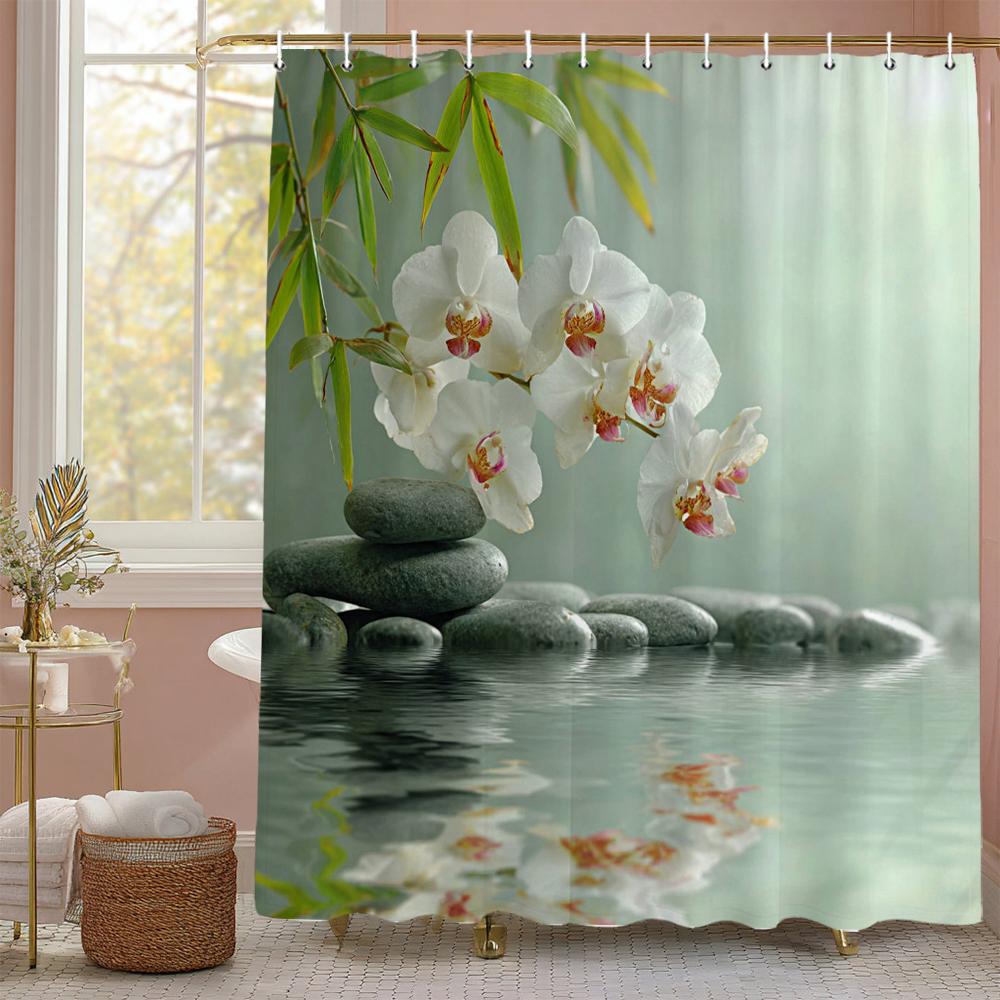 Zen Garden Bamboo Spa Stone Flower Theme Shower Curtain, Bathroom Decorative Shower Curtain, Print polyester Curtain with Hooks