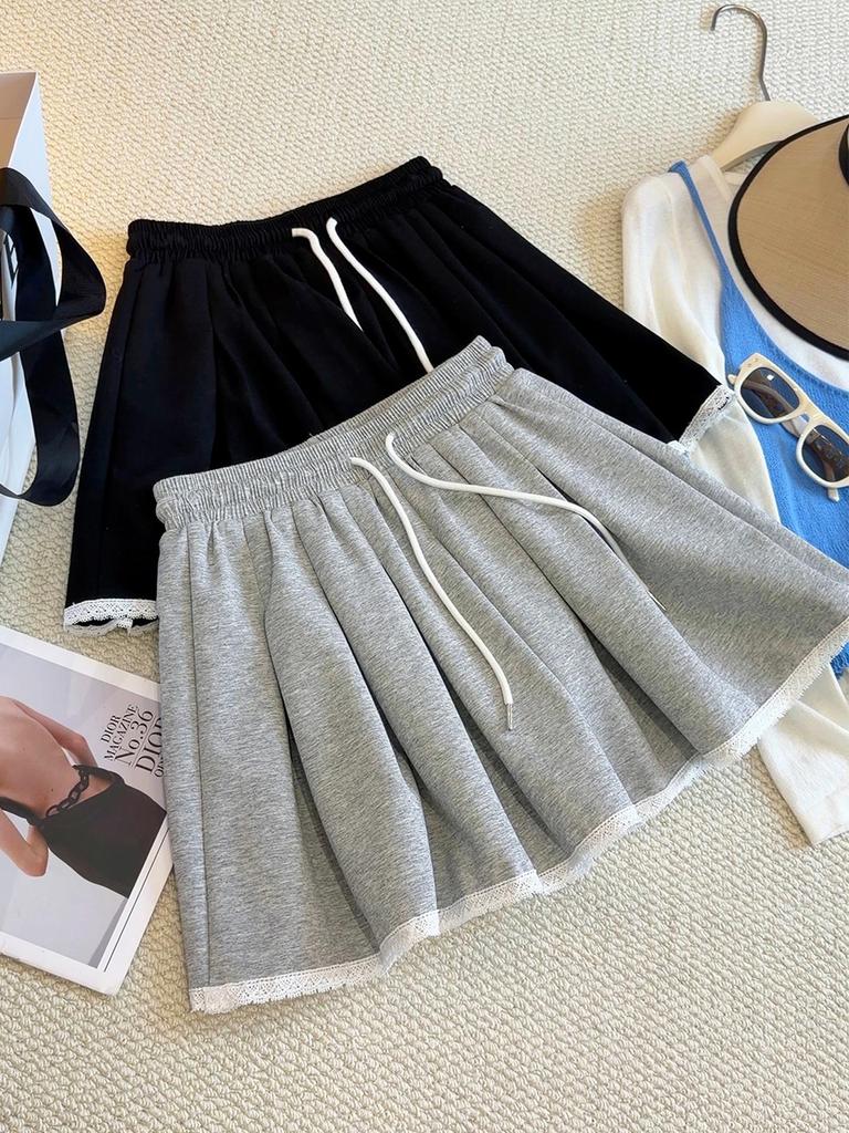 Women's Summer Lace Trim Pleated A-line Skirt with Elastic High Waist and Drawstring