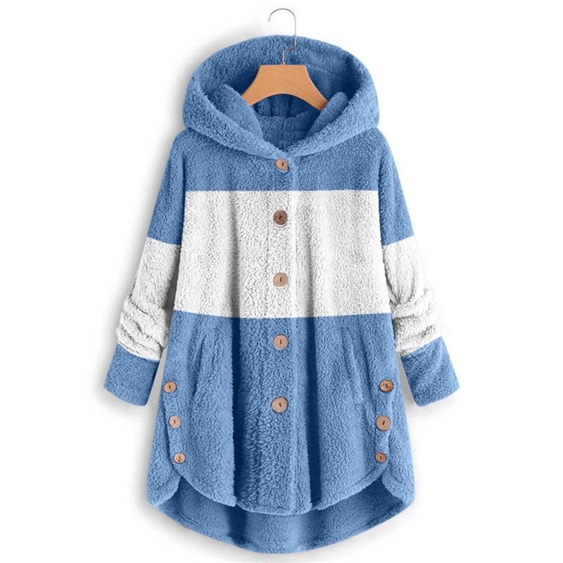 Women's Two-Tone Fleece Coat Hooded Button-Up Winter Warm Jacket