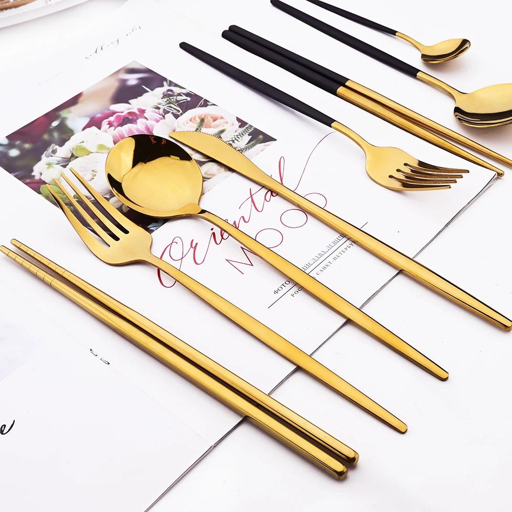 24Pcs Gold Tableware Set Stainless Steel Flatware Dinner Knife Forks Spoon Chopsticks Cutlery Set Kitchen Wedding Dinnerware Set