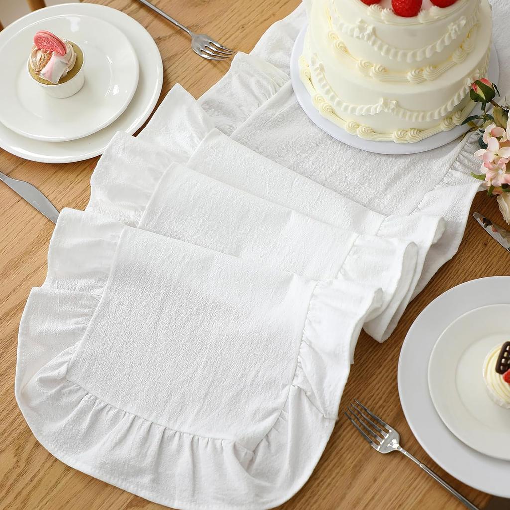 Ruffled Table Runner 72 Inches Long Rustic Cotton Tabletop Farmhouse Decor for Baby Shower Bride Shower Birthday Holiday Party(Solid Color,White)