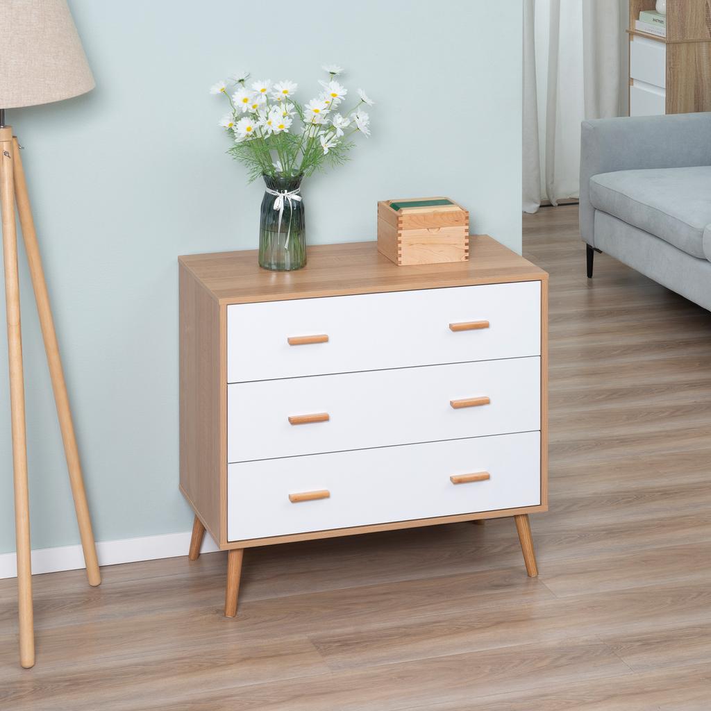 Scandinavian Commode Design 3 Sliding Drawers Tapered Inclined Legs Particle Board Panels Light Wood Grain Finish