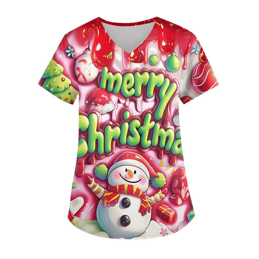 Ladies' Christmas Printed Fashionable V-neck Pocket Short Sleeved  Uniform And Caregiver Top