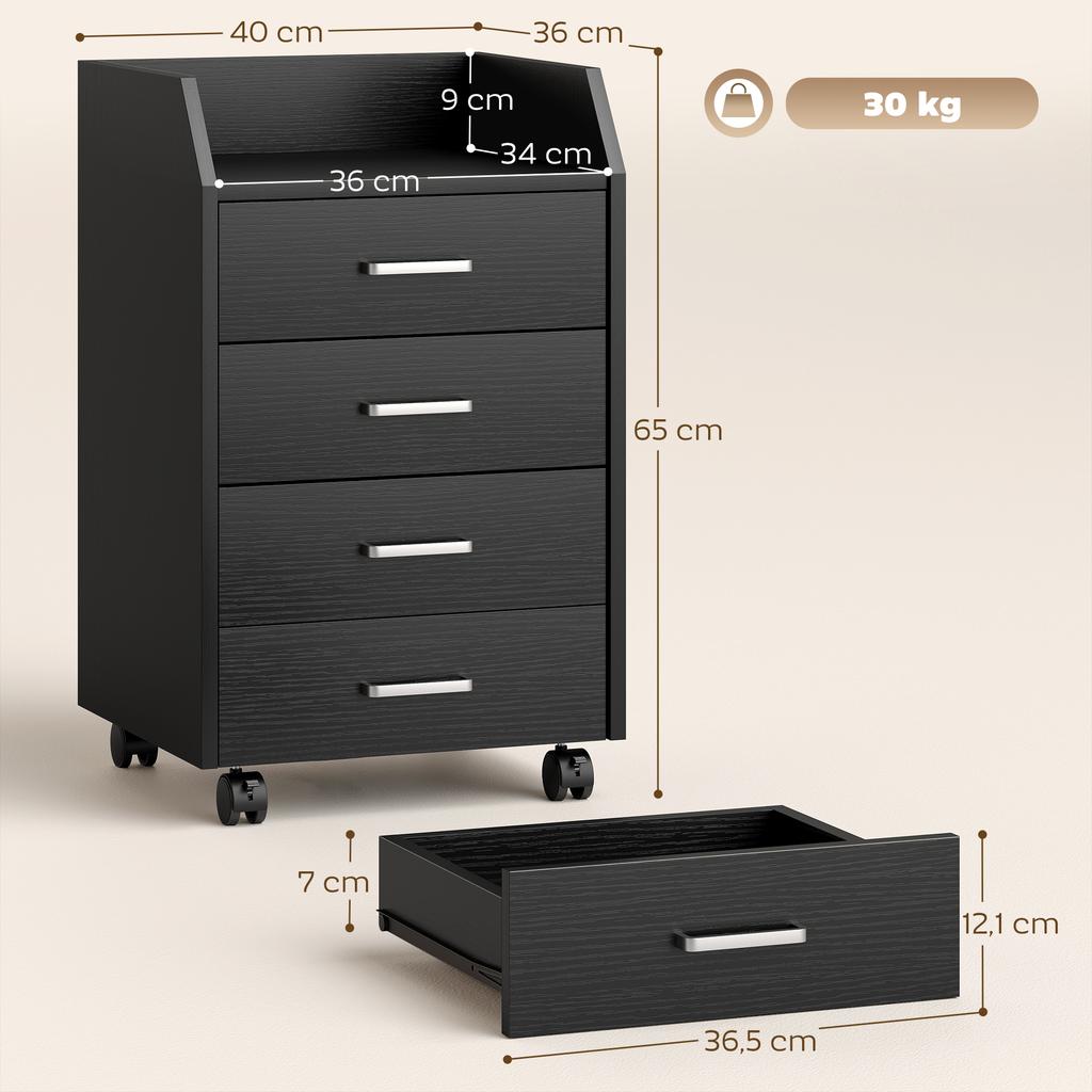 Büro-Aktenschrank auf Rollen 4 ausziehbare Holzladeflächen 40 x 36 x 65 cm Schwarz