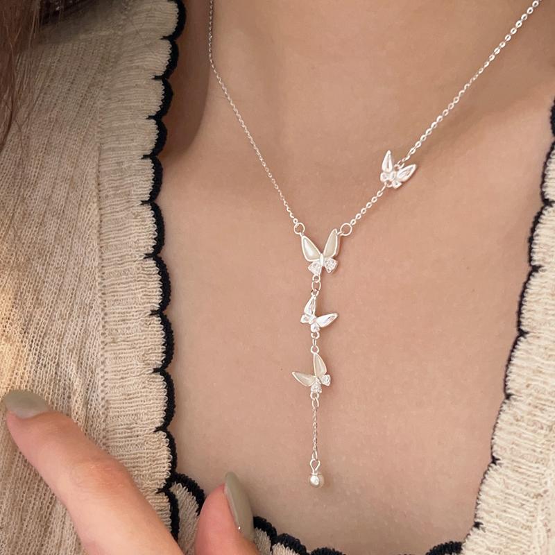925 Sterling Silver Small Shell CZ Zircon Butterfly Choker Necklace for Women