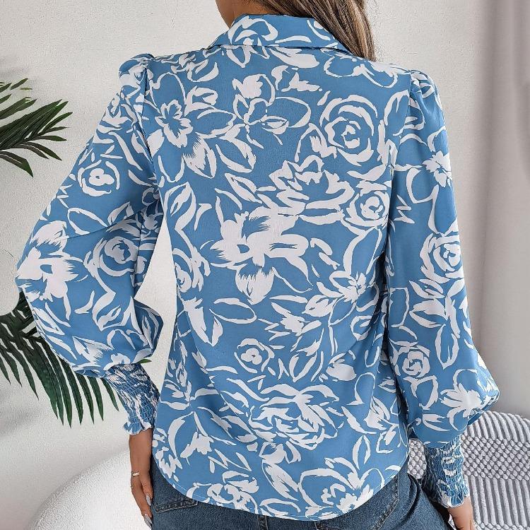 Dámská halenka s dlouhým rukávem a výstřihem do V, elegantní košile s potiskem pro jarní a podzimní sezónu