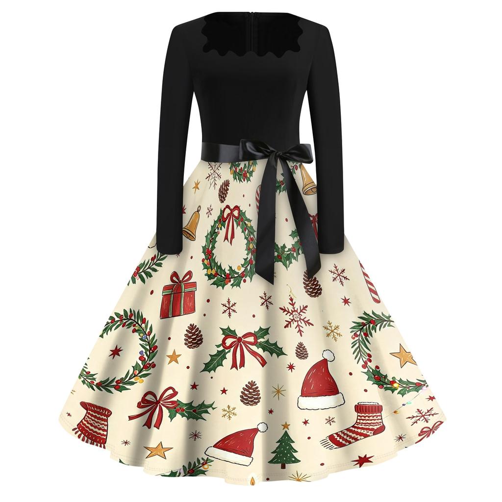 Women's Casual Vintage Dress with Square Neck and Christmas Print for Holiday Party