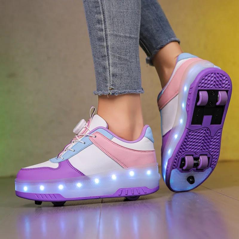 Children's LED Light Walking Shoes Double Row Four-Wheel Roller Skates Ice Skate Shoes Unisex Kids' Wheeling Footwear