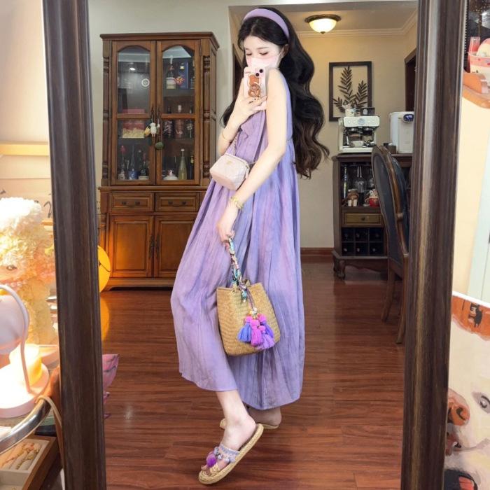 

Seaside vacation casual dress summer women s French temperament high sense waist linen sleeveless vest long skirt S
