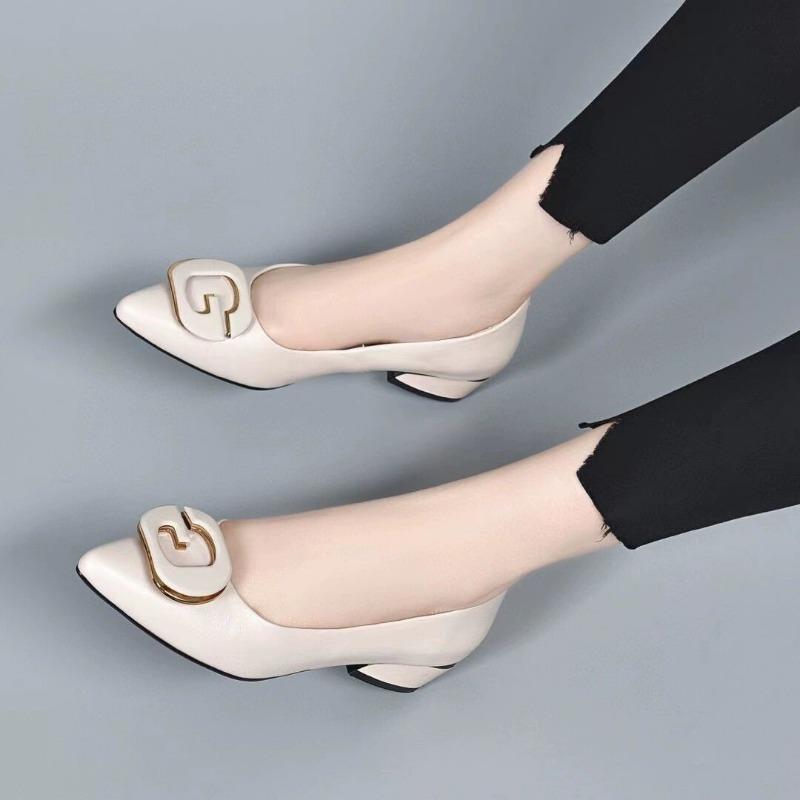 Fashion Women's Fashion Thin Heel Shoes Autumn New Shallow Mouth Pointed Head Metal Buckle Slip-on Wear-resistant High Heels