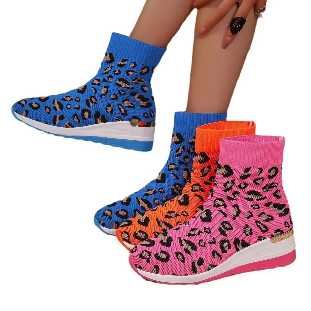 Fashion Ankle Boots Women's Leopard Breathable Wedge Platform Ladies Shoes Fashion Women's Boots High Heels Sock Boots Knitting Stretch